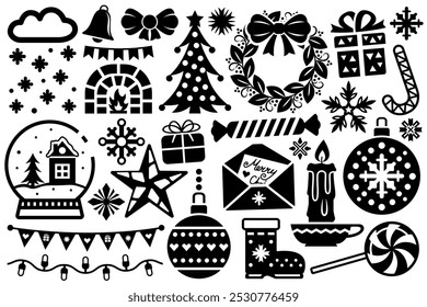 Christmas illustrations, New Year design elements. Black flat illustrations set, Christmas eve decorations stylized abstract designs.
