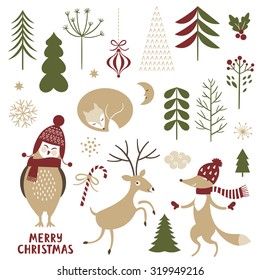 Christmas illustrations. Set of graphic elements and cute characters.