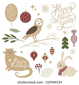 Christmas illustrations. Set of graphic elements and cute characters.