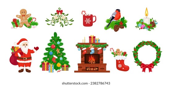 Christmas illustrations set. New Year festive decor. Collection of vector bright cartoon design elements.