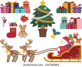 Christmas illustrations set (reindeer pulling a sled, Santa Claus on a sled, Christmas tree, many gifts)