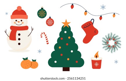 Christmas illustrations with a snowman, tree, ornaments and decorations