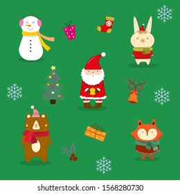Christmas illustrations: christmas tree, snowman, gnome, rabit, holly, fox, 2 gifts, bell and sock
