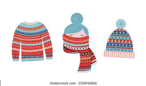 Christmas illustrations, winter patterned elements. Sweater, girl with a scarf, knitted hat