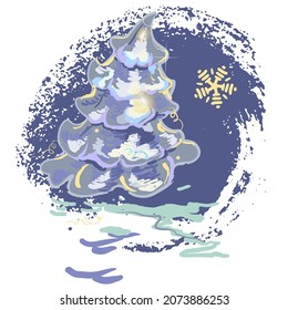 Christmas illustration.Winter landscape. Illustration with a Christmas tree in the snow. Digital multicolored drawing in pastel blue tones. Sublimation on the background in the form of a spot.