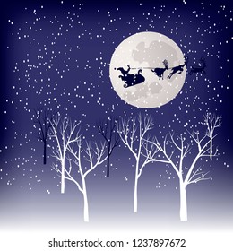 Christmas image, card, background with silhouette of Santa Claus in sleigh with reindeer