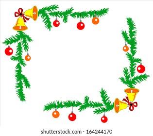 Christmas image frames made ??of fir branches and toys.