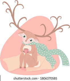 Christmas image of a little reindeer. Cute deer character feels happy. Illustration of a deer in a scarf and with a mug of tea. Christmas card with a deer.
