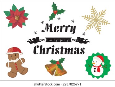 Logo de la imagen navideña, conjunto de ilustraciones holly, poinsettia, muñeco de nieve, jengibre, copo de nieve