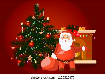 Christmas image of Santa Claus on the background of a fireplace and Christmas tree, fabulous picture, vector image