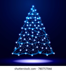 Christmas image of a Christmas tree in a starry sky, space, consisting of lines, dots and shapes in the form of stars and planets. Vector EPS10.
