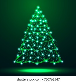 Christmas image of a Christmas tree in a starry sky, space, consisting of lines, dots and shapes in the form of stars and planets. Vector EPS10.