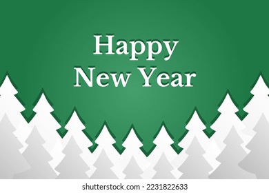 Christmas image with white Christmas tree shapes on a green background. Text Happy New Year. Coniferous forest paper cut. Vector illustration