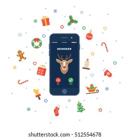 Christmas incoming call from Reindeer in flat design style. Smartphone with incoming call screen. Christmas traditional decoration elements for greeting card, banners, websites, infographics.