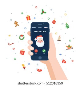 Christmas incoming call from Santa Claus in flat design style. Hand holding smartphone with incoming call screen. 