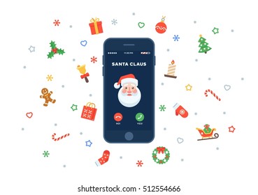 Christmas incoming call from Santa Claus in flat design style. Smartphone with incoming call screen. Christmas traditional decoration elements for greeting card, banners, websites, infographics.