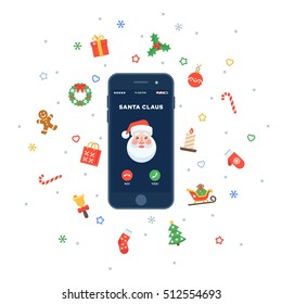 Christmas incoming call from Santa Claus in flat design style. Smartphone with incoming call screen. Christmas traditional decoration elements for greeting card, banners, websites, infographics.