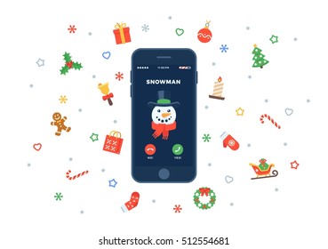 Christmas incoming call from Snowman in flat design style. Smartphone with incoming call screen. Christmas traditional decoration elements for greeting card, banners, websites, infographics.