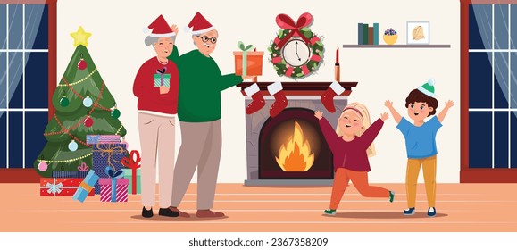 Christmas indoor illustration with grandparents next to the Christmas tree giving gifts to grandchildren. Happy family celebrating Christmas