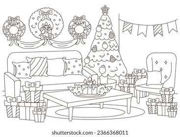 Christmas indoor interior of living room with christmas tree, table and holiday wreath coloring page