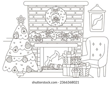 Christmas indoor interior of living room with christmas tree, fireplace and holiday wreath coloring page