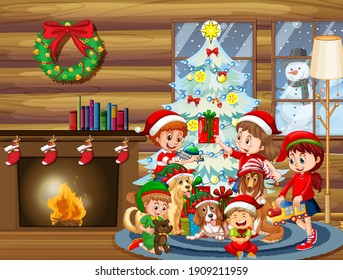 Christmas Indoor Scene With Many Children And Cute Dogs Illustration