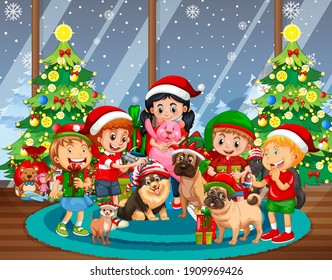 Christmas Indoor Scene With Many Children And Cute Dogs Illustration