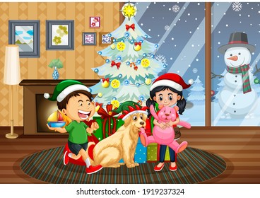 Christmas Indoor Scene With Many Children And Cute Dogs Illustration