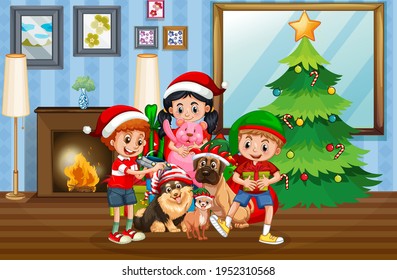 Christmas Indoor Scene With Many Children And Cute Dogs Illustration