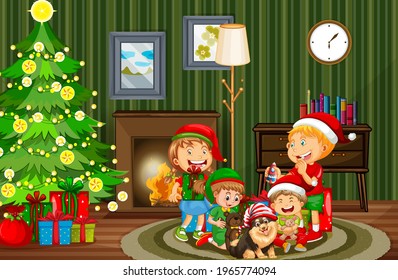 Christmas Indoor Scene With Many Children And Cute Dogs Illustration