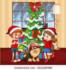 Christmas Indoor Scene With Many Children And Cute Dogs Illustration