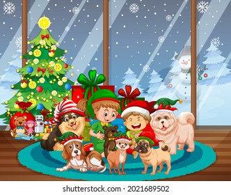 Christmas Indoor Scene With Many Children And Cute Dogs Illustration