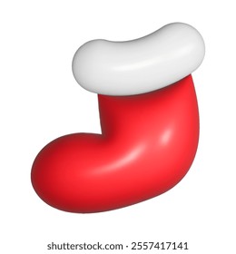 Christmas inflated 3D sticker in the form of a New Year's sock in the style of y2k. Christmas and New Year design element with reflective plastic texture.