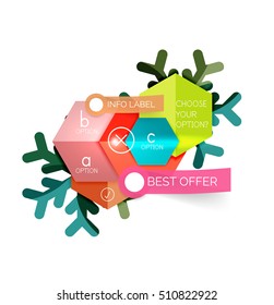Christmas infographic business templates - geometric paper shapes with text and options on snowflake