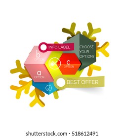 Christmas infographic business templates - geometric paper shapes with text and options on snowflake