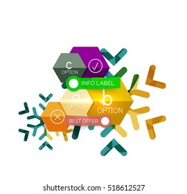 Christmas infographic business templates - geometric paper shapes with text and options on snowflake