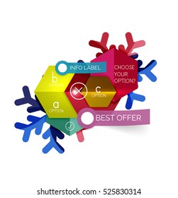 Christmas infographic business templates - geometric paper shapes with text and options on snowflake