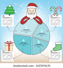Christmas infographic cartoon santa with decorations in flat style.