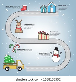 Christmas infographics road map template with snow background.