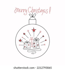 Christmas, inscription. Christmas ball and gifts. Gift boxes. Illustration in doodle style. Vector graphics. background isolated.