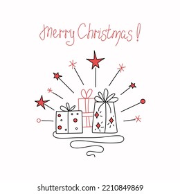 Christmas, inscription. Christmas   gifts. Gift boxes. Illustration in doodle style. Vector graphics. background isolated.
