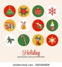 Christmas instagram set of highlights story icons. Winter circle stickers. Flat vector style with decorative symbols of winter holidays