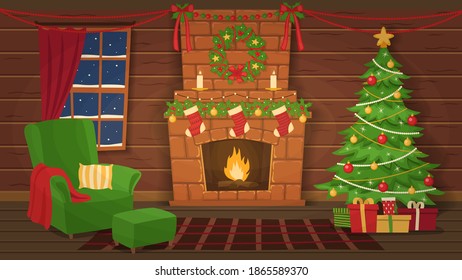 Christmas interior. Armchair and christmas tree near the fireplace. Vector illustration.