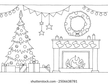 Christmas interior black white interior sketch illustration vector