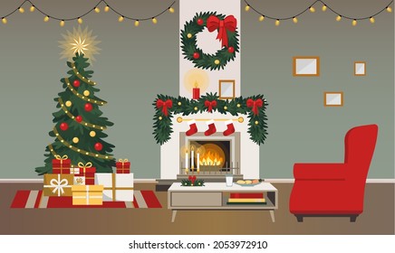 Christmas interior. Bright room with fireplace, decorated with a Christmas tree, light garlands, pine garland. Table with milk and cookies for Santa Claus. Vector illustration in flat style