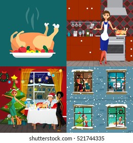 Christmas interior concept banners. Preparation of festive treats, chicken, home party in each apartment. Vector flat cartoon illustration