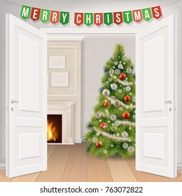 Christmas interior with a decorated fir tree and a fireplace. A view of the residential konatu through the open doors.