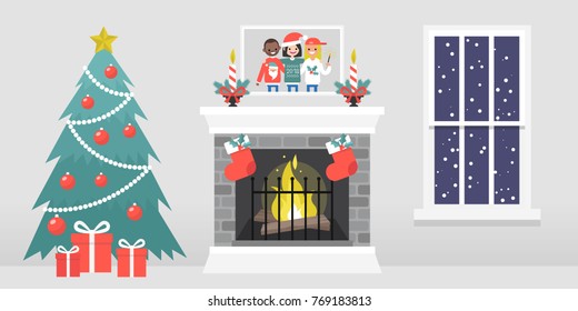 Christmas interior. Decorated fireplace. Candles. Family photo. Xmas tree. Window. Snowflakes. Winter seasonal decor. Flat vector illustration, clip art