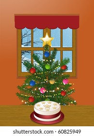 Christmas interior with decorated tree and Christmas cake