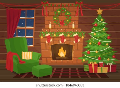 Christmas interior. Decoration. Armchair and christmas tree near the fireplace. Vector illustration.